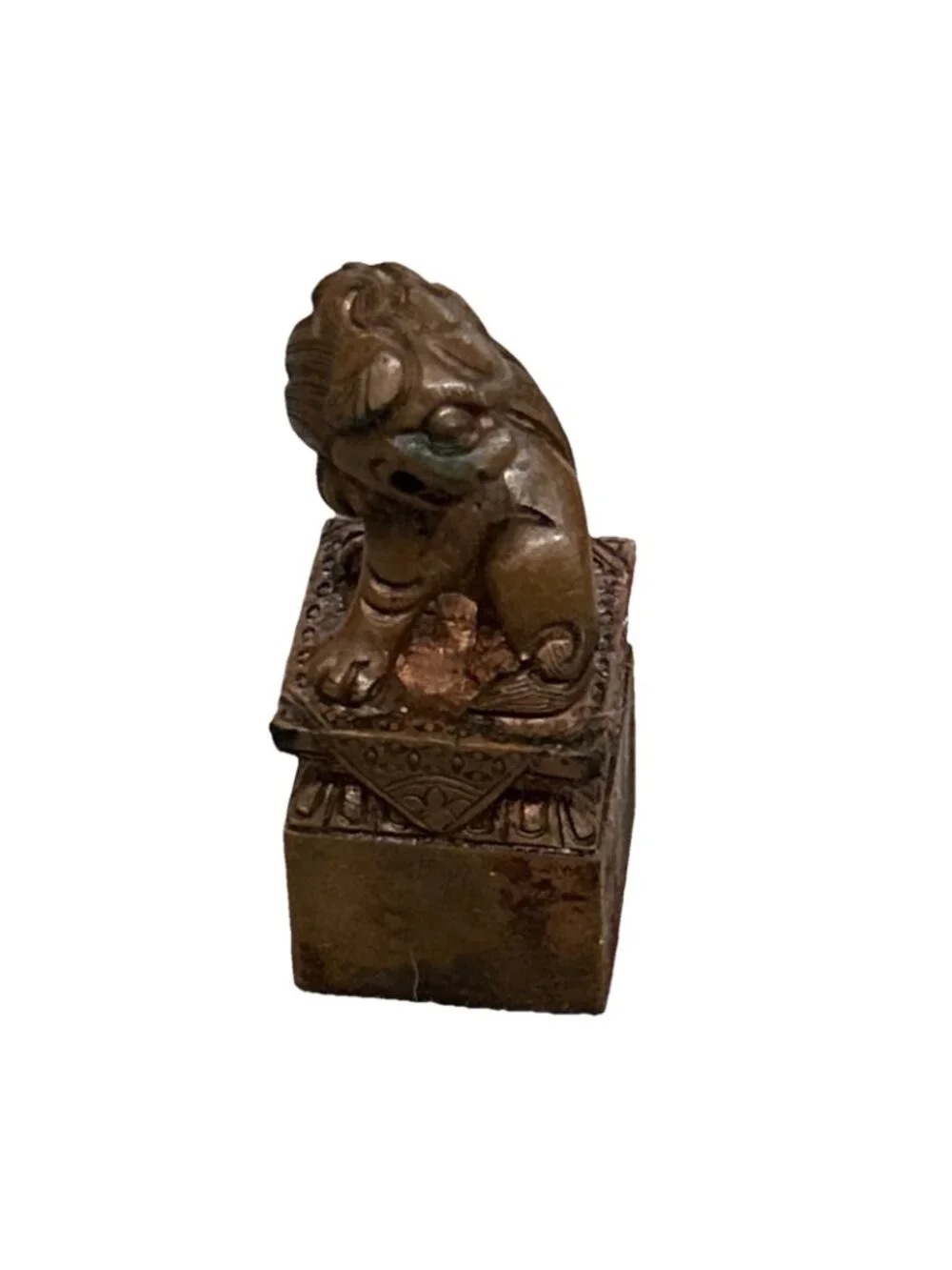 Chinese Seal Box with Bronze Foo Dog Handle with Seal & Red Paste, 19th Century
